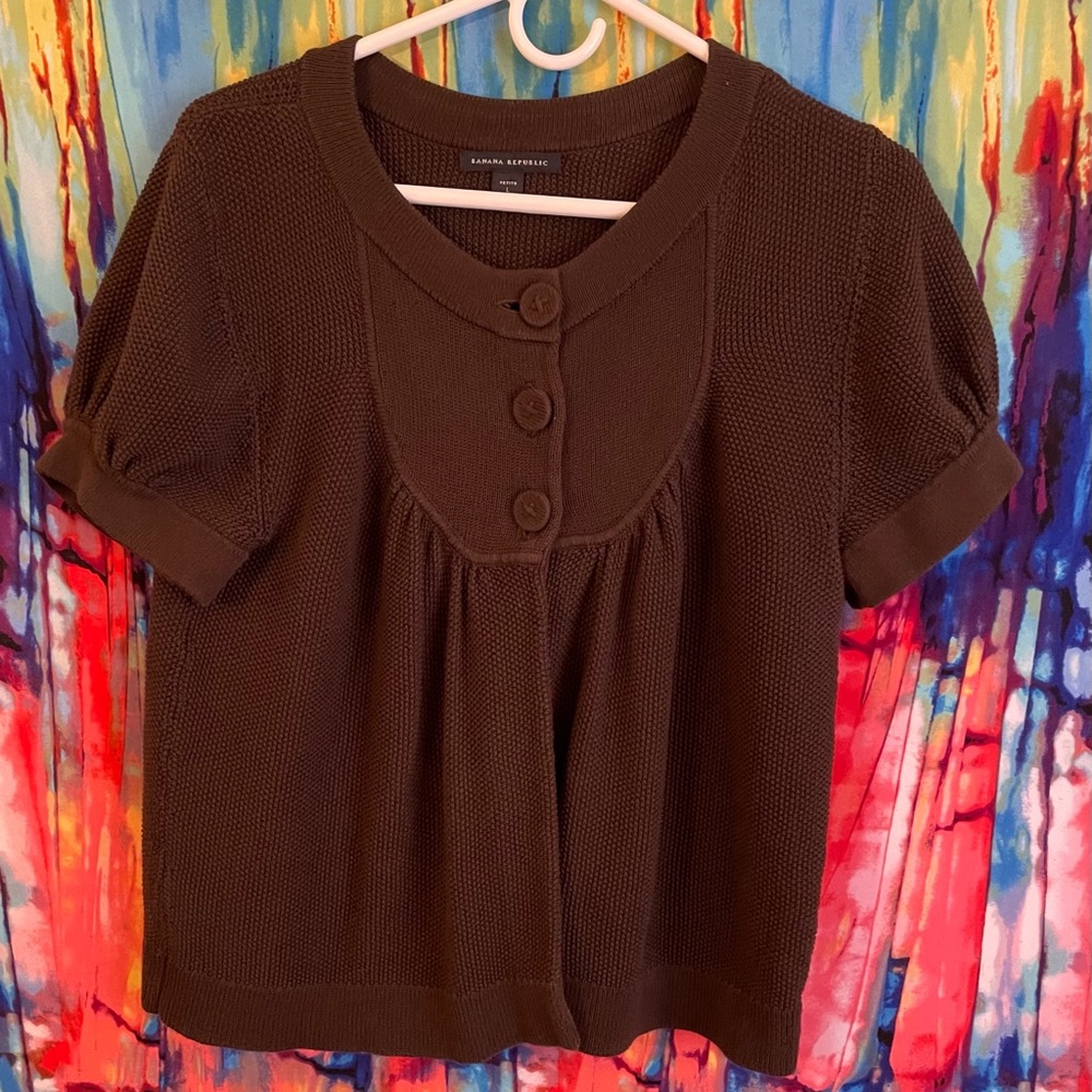 SOLD Brown Short Sleeve Knit Cardigan W/ Puffy Sleeves Banana Republic